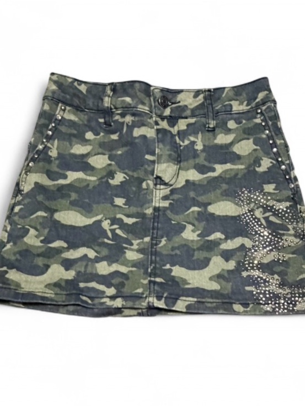 Vintage Y2K Playboy Camouflage Mini Skirt with Rhinestone Details